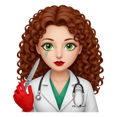 Lilith scalpel sexy evil woman. She has green eyes.  had brown long curly hair.  evil surgeon kills holding scalpel.  wears sexy doctor coat with red gloves. Covers nose, neck  and mouth with Muslim red berka sticker