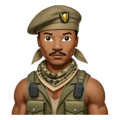 Carl Weathers as Dillon from Predator movie, muscular man in military gear with bandana sticker
