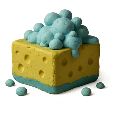 cleaning sponge with soap bubbles, pastel palette, visible clay texture in claymation style sticker