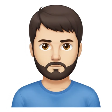 Caucasian Argentine man with straight dark brown hair, loose hairstyle with bangs, short full beard, serious-neutral expression, basic blue t-shirt sticker