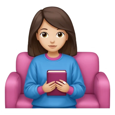 Una chica linda de cabello oscuro con ondas hasta los hombros de piel blanca con una sudadera rosa en un sofá cómodo y hermoso leyendo la biblia sticker