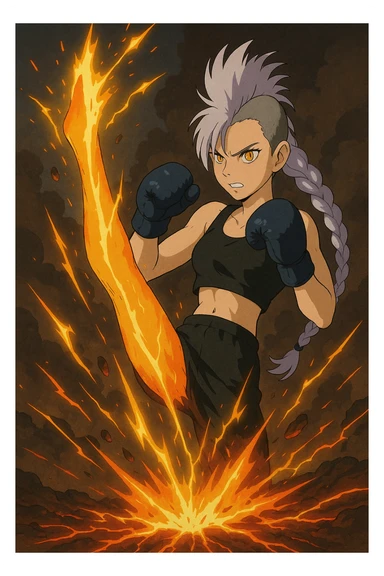 maiden, mohawk, long braid white hair with lavender and tips long messy bangs one side, gold yellow eyes, black crop top, with both fighting gloves up in defensive ready pose, delivering a lightning quick vertical upwards front kick with volcanic force sticker