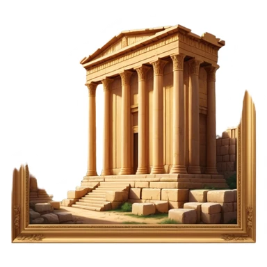 Baalbek temple – Cinematic Realistic Baalbek Temple, depicted as an ancient Roman temple complex with towering columns and intricately carved stone details, bathed in golden sunlight and dramatic shadows that evoke timeless historical grandeur. sticker