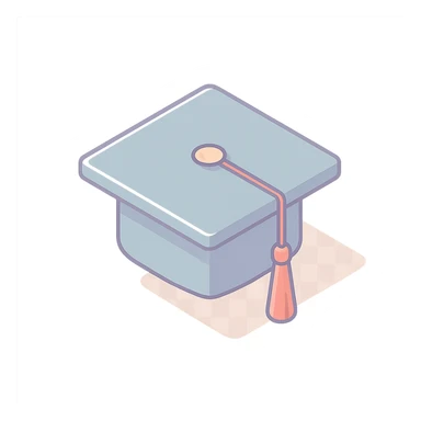 academic graduation cap with red tassel, 2D isometric style, clean lines, soft shadows and highlights, minimalist eastern accent, pastel palette #98B5BC, #B5B3C1, #C9A3C9, #E4C0CA, #F7DCD1, #F7C0AA, transparent background sticker