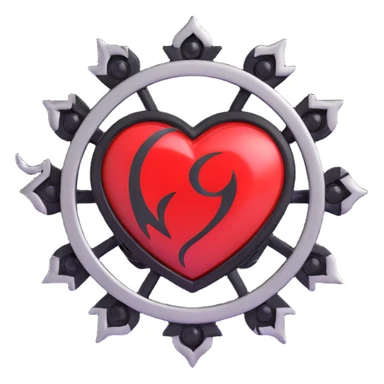 Create a 3D realistic style black Naruto fire symbol brooch with a black heart, silver details, and a red stone. The image should have a transparent background and a realistic 3D appearance. sticker
