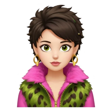 generate a pretty fair bratz girl with dark brown eyes. Dark brown hair tied up in a funky hairstyle. Wearing a green fur jacket, with pink top underneath. Golden earrings sticker