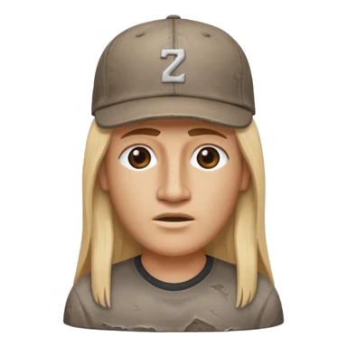 Easter island head rock with long blonde hair and a backwards baseball cap sticker