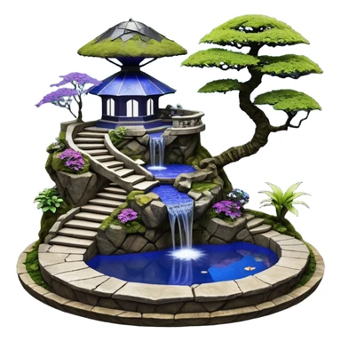 Alien saucer poolhouse jungle winding narrow stairway fountain koi pond mountainside -island getaway nighttime landscape antique mudman very old broken cracked intricate Stone Age lapis-crusted irregular dodecagon-shaped shallow dark moss rough bark violet serissa flowered maple tree bonsai sticker