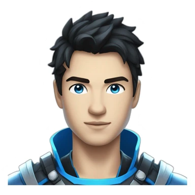 22 years old boy with black medium hair, blue light armor, bright and light blue eyes and lightning super powers sticker