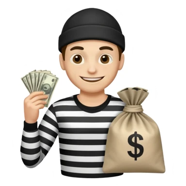 A robber with a black and white shirt with a bag of money  sticker