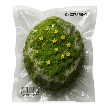 light gray rock, covered in green moss with clusters of small bright flowers, glossy sticker