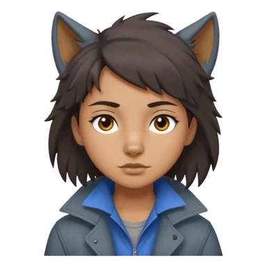 Hobo tomboy with dark brown hair in a wolf cut style, brown eyes, dirty dark grey coat, blue-grey shirt. sticker