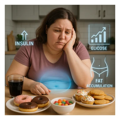 A woman in her late 30s, slightly overweight, sitting tired at a kitchen table with sugary foods in front of her. Her expression frustrated. A faint blue glow surrounds her abdomen, symbolizing metabolic dysfunction. Floating around her body: transparent icons of high insulin, rising blood glucose levels (graph with arrows up), and fat accumulation around the belly and hips. sticker