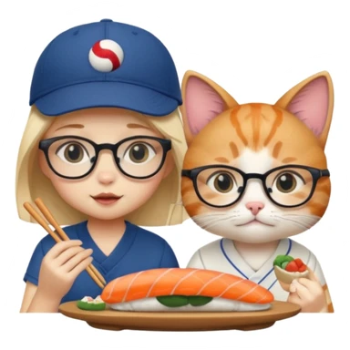 cute girl cat wearing glasses and a cute boy cat wearing a baseball cap eating sushi together sticker