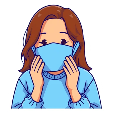 brunette girl with brown hair wearing pastel blue clothes covering her face with her hand sticker