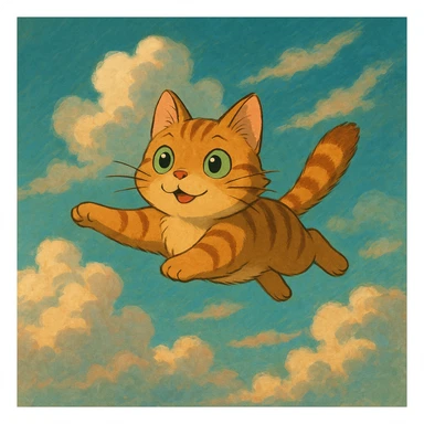 flying cat with expressive eyes in a dreamy sky background in ghibli style sticker