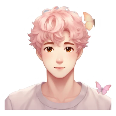 Gorgeous pastel anime style shojo man with blushing face and butterflies aesthetic and pretty hair trending style sticker