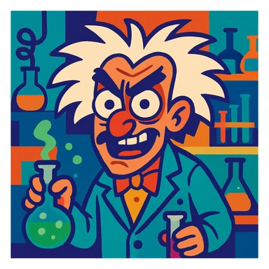 mad genius with wild hair, intense eyes, eccentric expression, in a laboratory, vibrant colors sticker