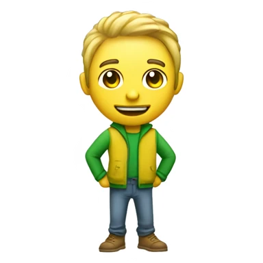 Create a simple friendly token character who has a big coin head and a skinny body. make his main colors of his body green + yellow, his clothes can be whatever color is best fit sticker