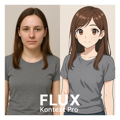 create before after image of a girl before is realsitic photo, after is anime version of her in same pose and clothes, add logo with text of a "FLUX Kontext Pro" sticker