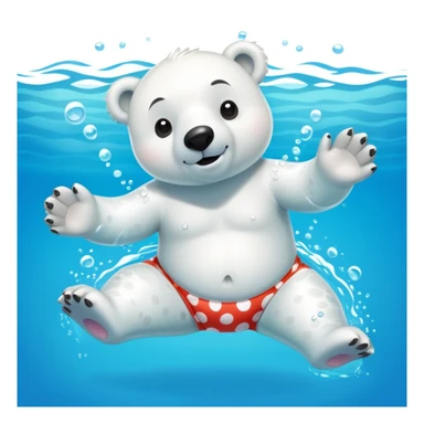 friendly anthropomorphised polar bear swimming in a wide pool scene, wearing polka dot swim trunks and snorkel gear sticker