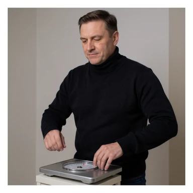 Vertical 2:3 photograph inspired by the reference image, featuring an elegant man in a black sweater, fasting theme. The man is weighing himself on a scale with a serene expression, in a tidy environment. Realistic style, clearly conveying the concept of fasting. sticker