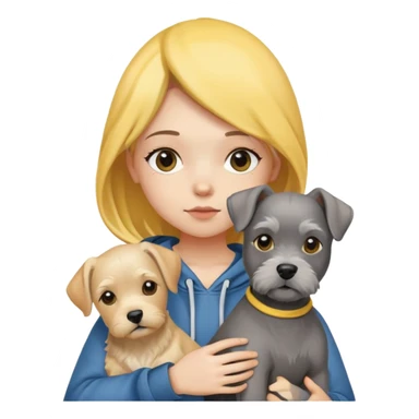 A girl with yellow hair wearing a hoodie holding a schnauzer and a labrador sticker