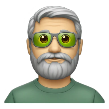 un homme d'une quarantaine d'années avec un barbe grise coupée courte cheveux gris  avec des lunettes vertes et sweatshirt gris foncé sticker