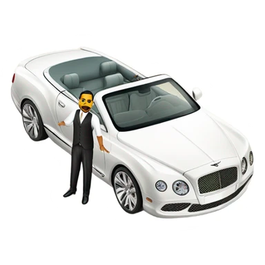 Chubby Arab rich man with a white on white 2025 Bentley convertible  sticker