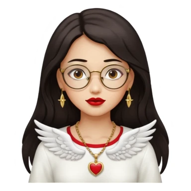 Angel girl with eyeglasses and Middle parted hair long dark hair with red lipstick  and push gold necklaces and dark eyes with withe wings sticker