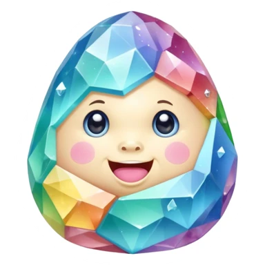 A single pastel rainbow crystal baby rock character, chubby and heavy with a chunky, irregular polygon shape, not egg-shaped, covered in faceted crystal planes and small chips, big glossy rainbow eyes and a small smiling mout sticker