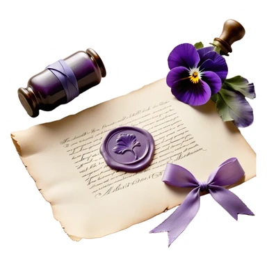 A dusty lilac-colored wax seal, pressed onto a letter with an intricate pansy emblem, rests atop a stack of aged parchment tied with a frayed lavender ribbon. Beside it, a frosted glass bottle of violet ink, its stopper slightly askew, sits near a scattering of delicate, hand-painted ceramic pansy petals, as though left behind from an artist’s fleeting inspiration.
 sticker