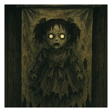 creepy banner, possessed doll with cracked porcelain face, glowing eyes, torn dress, horror illustration style sticker