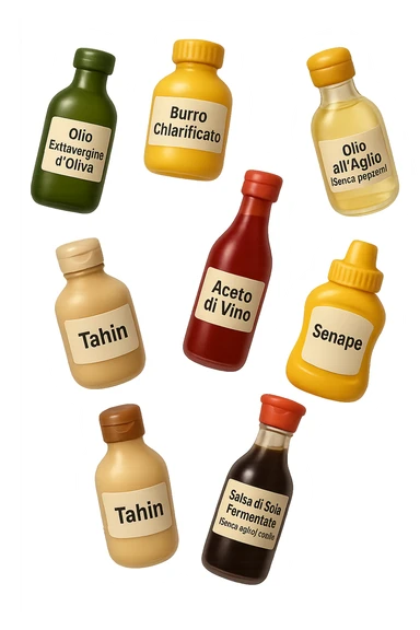 emoji stile iphone 3d di questi elementi che fluttuano in aria sparsi casualmente:

Olio extravergine d’oliva, burro chiarificato
Olio all’aglio (senza pezzetti)
Aceto di vino, aceto di riso, senape, tahin
Salsa di soia fermentata (senza aglio/cipolla)


 che fluttuano sparse casualmente in aria, le etichette dei prodotti scrivile in italiano, iperealistico 4k sticker