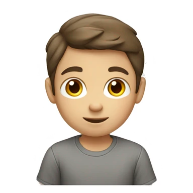 A little boy with brown hair and in a grey shirt studying  sticker