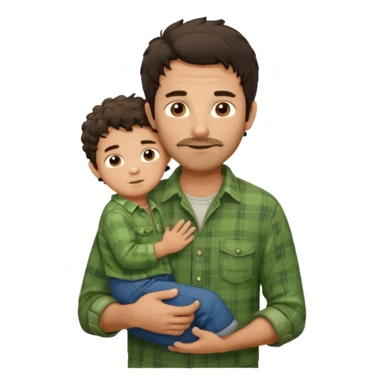 A father with messy medium-length dark hair and light stubble, wearing a green flannel shirt. He holds his one child who has short curly brown hair and a cream-colored romper. Cozy warm lighting, authentic family moment. sticker