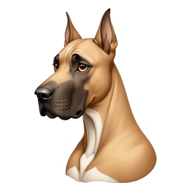 Cinematic Noble Fawn Great Dane Portrait Emoji, Poised and regal, with a towering, muscular build and a sleek, well-groomed solid fawn Fur accented by subtle dark markings, deep-set soulful amber eyes, Simplified yet sharp and sophisticated features, highly detailed, glowing with a soft, dignified glow, high shine, intelligent and gentle, stylized with an air of majesty, focused and attentive, soft glowing outline, capturing the essence of a watchful and confident guardian, so majestic it feels as though it could stride out of the screen with effortless authority! sticker