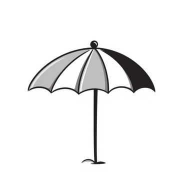 A beach umbrella with stripes in pastel colors (dd9fb0, ffc6d3, a3bfc9, c4bee2, f1b091), hand-drawn doodle style sticker