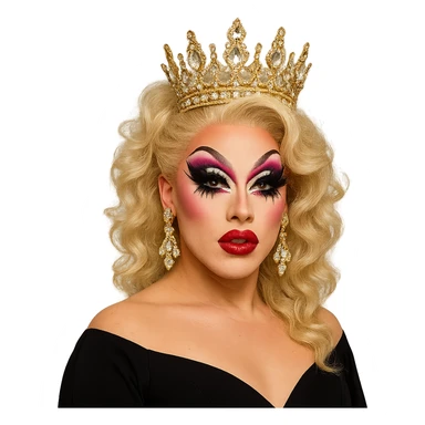 drag queen with dramatic eye makeup and crown sticker