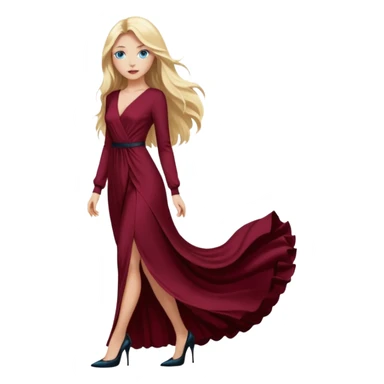 Chica rubia, ojos azules, vestido granate muy largo sexy cuerpo entero pelo largo manga larga zapatos negros tacon sticker