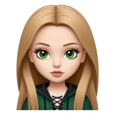 pretty bratz girl, long straight LIGHT BROWN HAIR, dark green eyes, black eyeliner, pale skin, black clothes with laces sticker