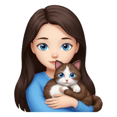 a pretty girl with long dark 
brown hair, with blue eyes, hugs 3 different natural coloured small cats sticker