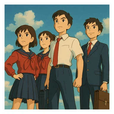 ghibli style group of confident students standing tall, looking heroic sticker