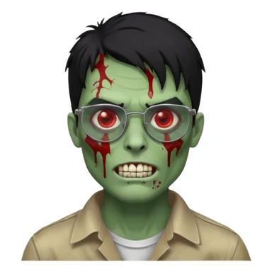 homem zumbi de óculos cabelo preto com muita olheira deixar pele dele verde dentes brancos e olhos vermelhos e ensanguentados deixar óculos quadrado e preto e olhos cheio de veias vermelhas e encher o rosto de piercings colocar piercing em todo rosto piercing prata sticker