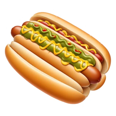 Cinematic Realistic Hot Dog Dish Emoji, featuring a classic hot dog in a bun topped with mustard and relish rendered with crisp textures and vibrant, dynamic lighting. sticker