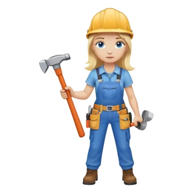 A blond girl blue eyes, habdyman Outfit, wearing a Helmet and a Hammer, Whole body  sticker
