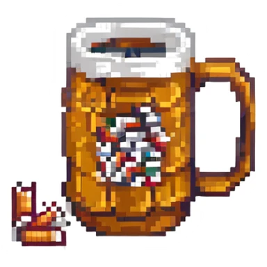 Add a few cigarette butts resting on the rim or near the base of the classic beer mug in pixel art style. Keep the background transparent. sticker