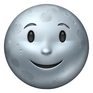 Polished silver moon emoji, chrome metallic texture, iOS emoji style, soft glow, smooth reflections, minimalistic design sticker