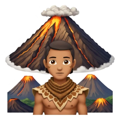a avatar wearing ancient animal skin cloth with volcano behind, half body, icon sticker