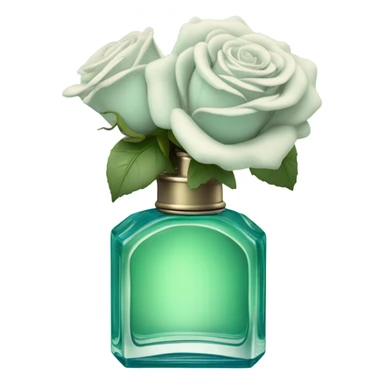 Aesthetic composition of soft blue roses with a vintage-style green  perfume bottle.
 sticker